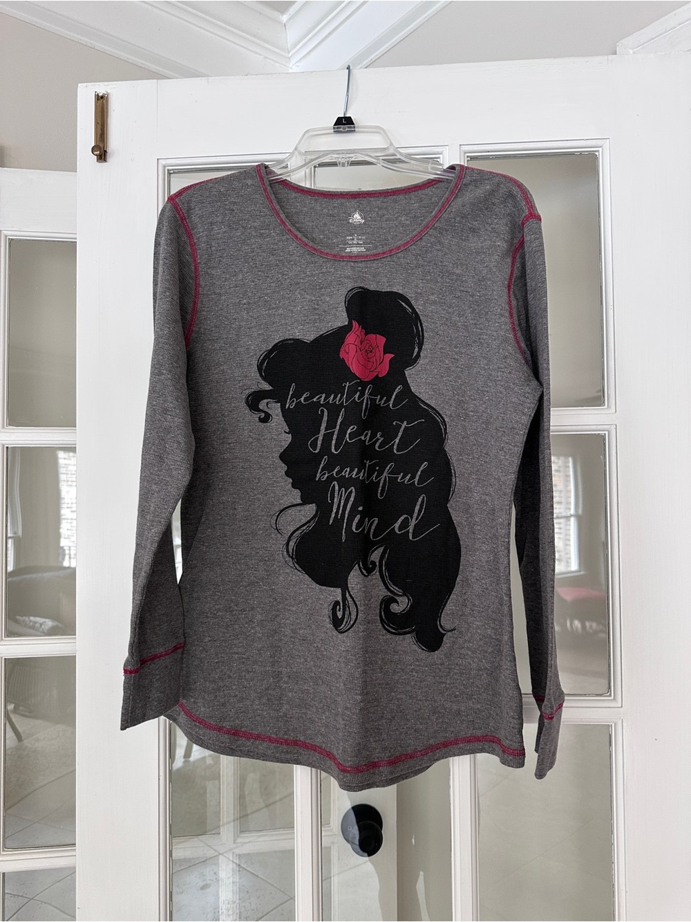 Disney Gray Long Sleeve Top with Black Silhouette and Pink Accent